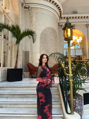 Printed Flared Sleeve Mesh Maxi Dress