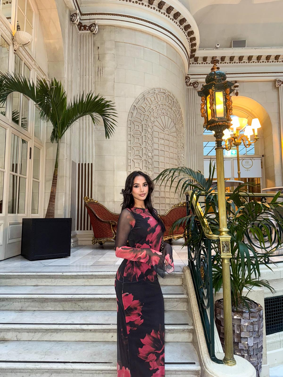 Printed Flared Sleeve Mesh Maxi Dress
