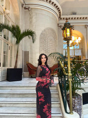 Printed Flared Sleeve Mesh Maxi Dress