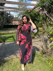 PLUS tie back chiffon dress in red abstract