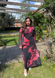PLUS tie back chiffon dress in red abstract