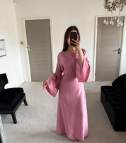 Lace up back flared sleeve satin occasion dress