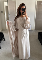 Satin wrap cape detail tie back maxi dress