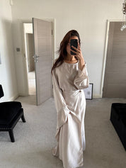 Satin wrap cape detail tie back maxi dress