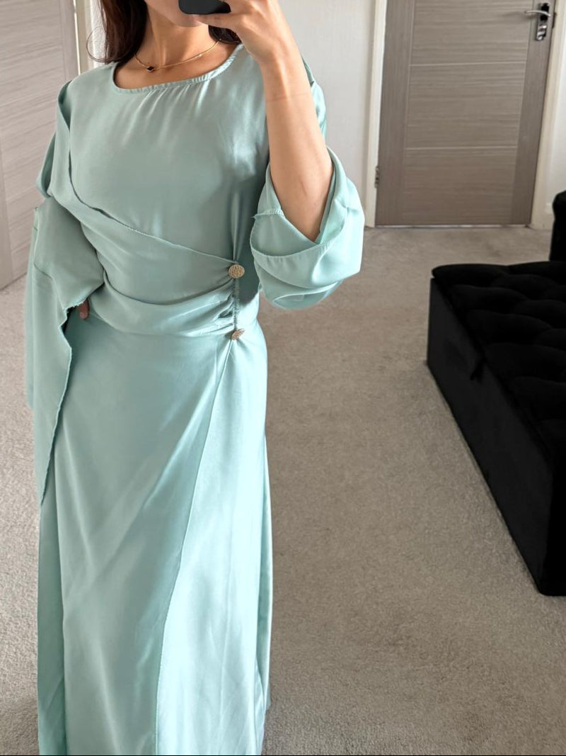 Satin wrap cape detail tie back maxi dress