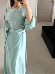Satin wrap cape detail tie back maxi dress