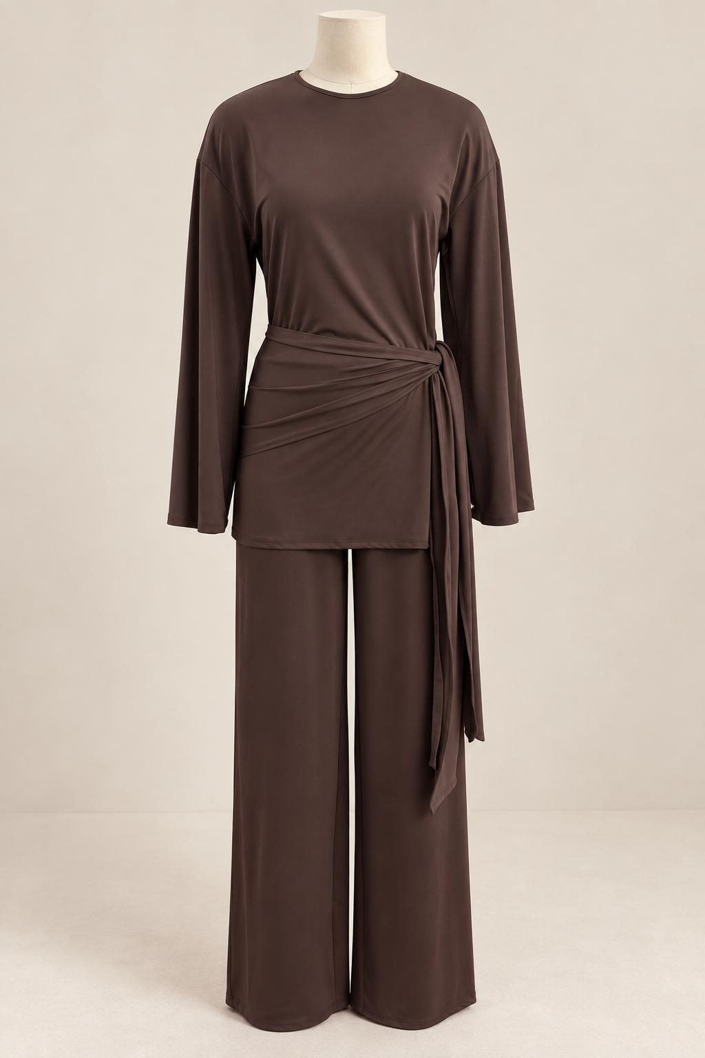 Super soft tie & drape every-day set in deep brown