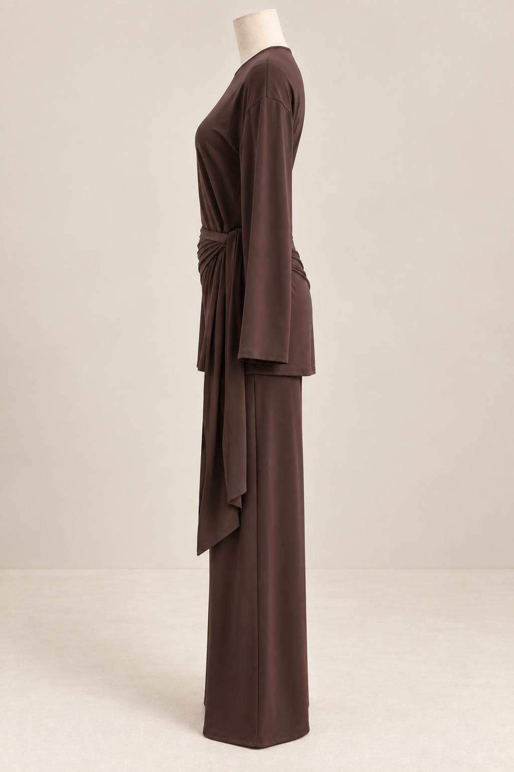 Super soft tie & drape every-day set in deep brown