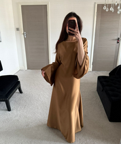 Lace up back flared sleeve satin occasion dress