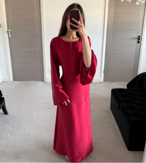 Lace up back flared sleeve satin occasion dress