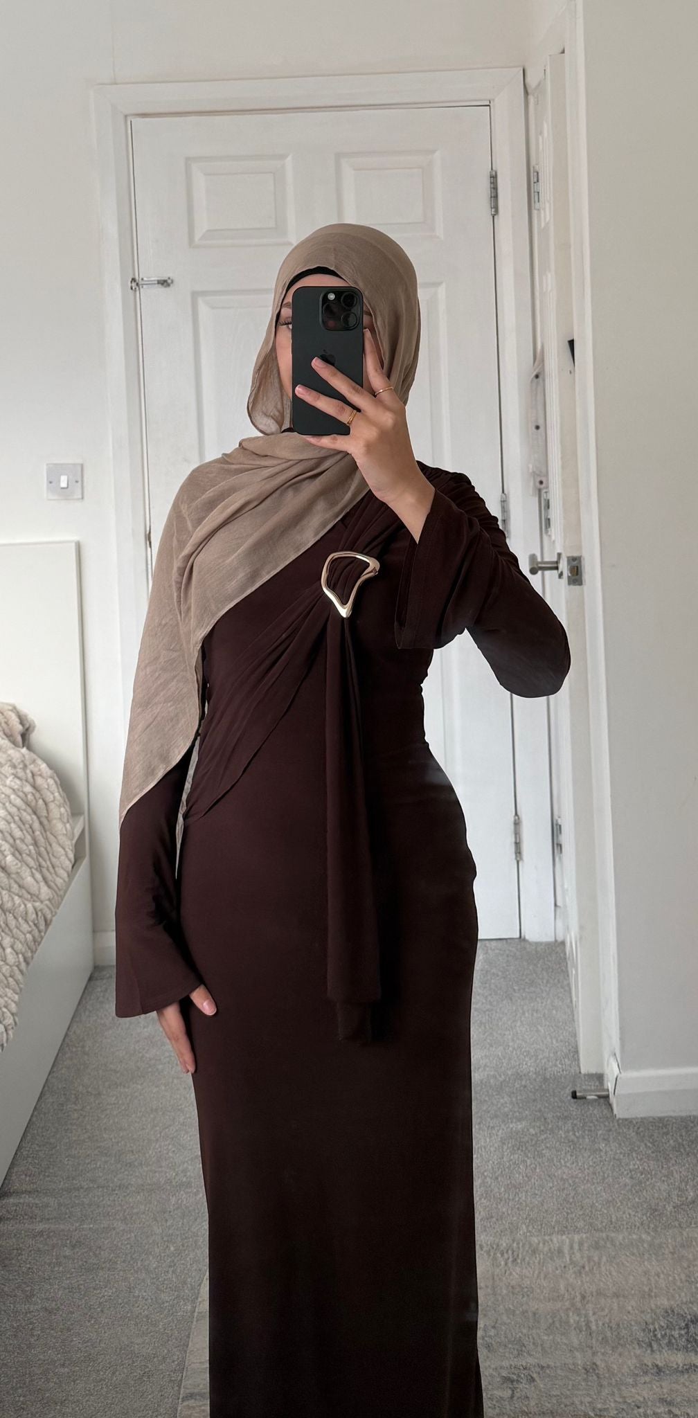 Gold trim detail drape soft touch maxi dress in espresso brown