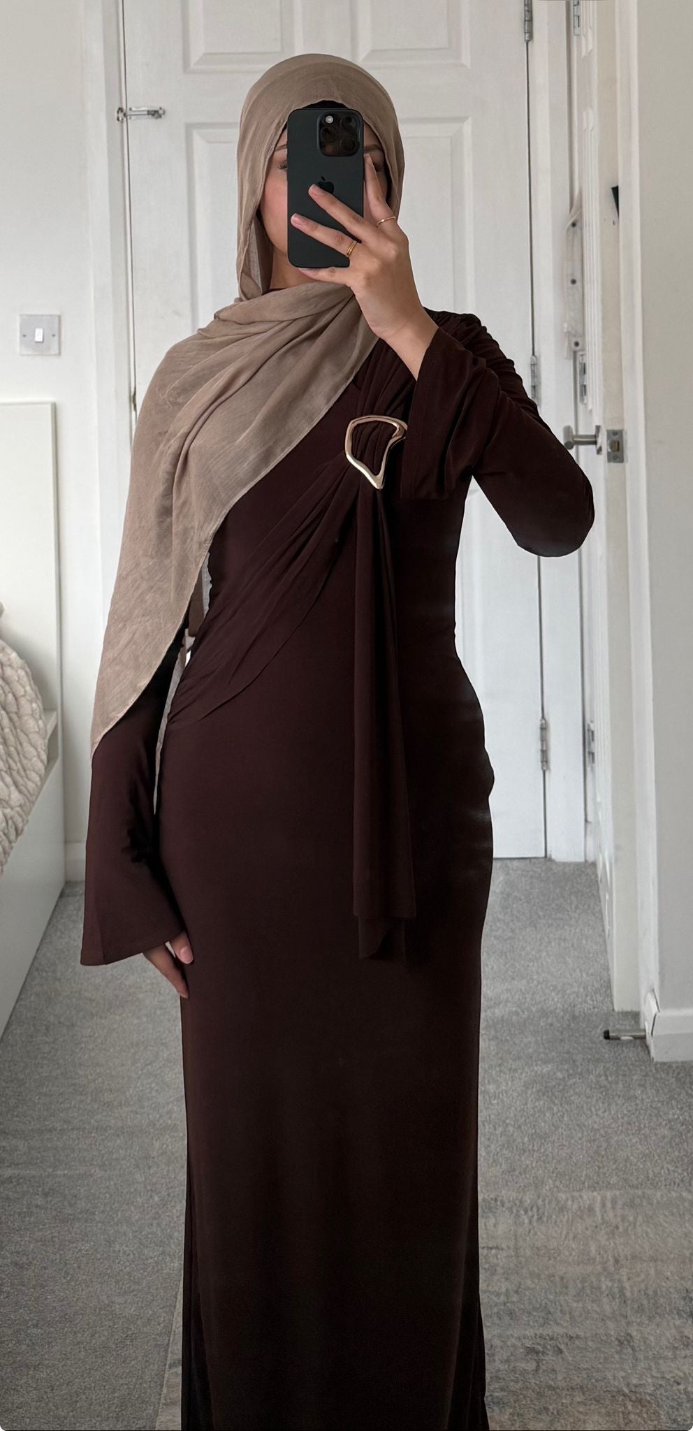 Gold trim detail drape soft touch maxi dress in espresso brown