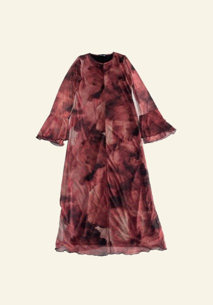 Double frill sleeve seam detail printed mesh dress in tie dye