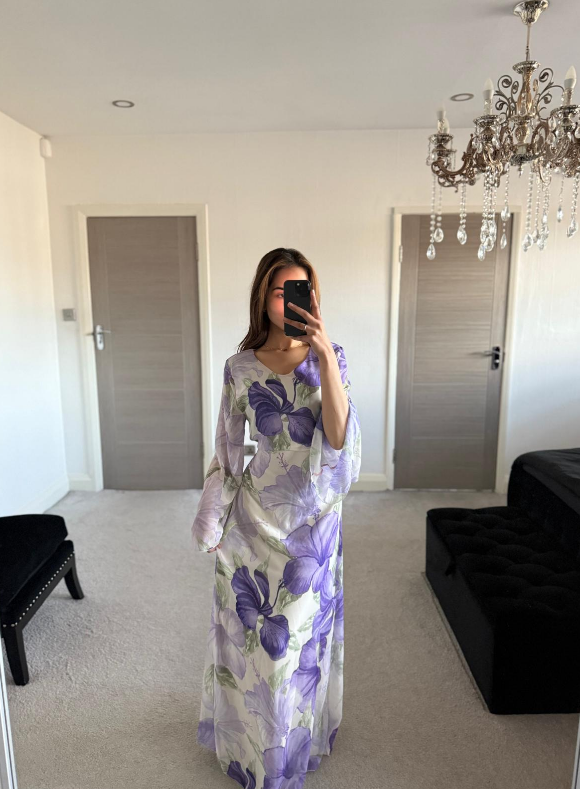 Chiffon tie back maxi dress in purple blooms