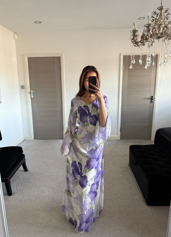 Chiffon tie back maxi dress in purple blooms