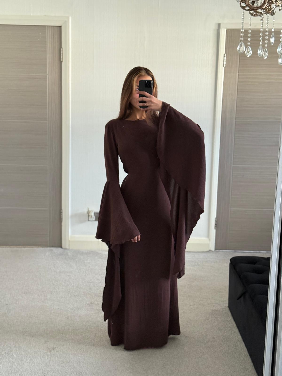 Extreme flared sleeve tie back woven maxi dress in espresso brown