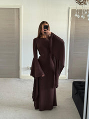 Extreme flared sleeve tie back woven maxi dress in espresso brown