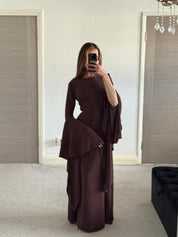 Extreme flared sleeve tie back woven maxi dress in espresso brown