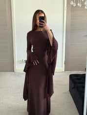 Extreme flared sleeve tie back woven maxi dress in espresso brown
