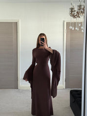 Extreme flared sleeve tie back woven maxi dress in espresso brown