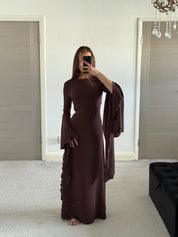 Extreme flared sleeve tie back woven maxi dress in espresso brown
