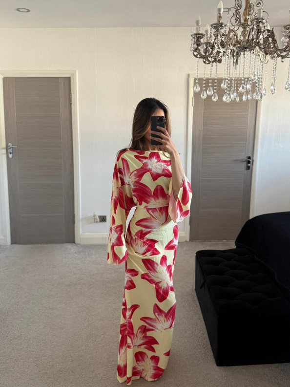 Tie back flare sleeve woven maxi dress in yellow bloom